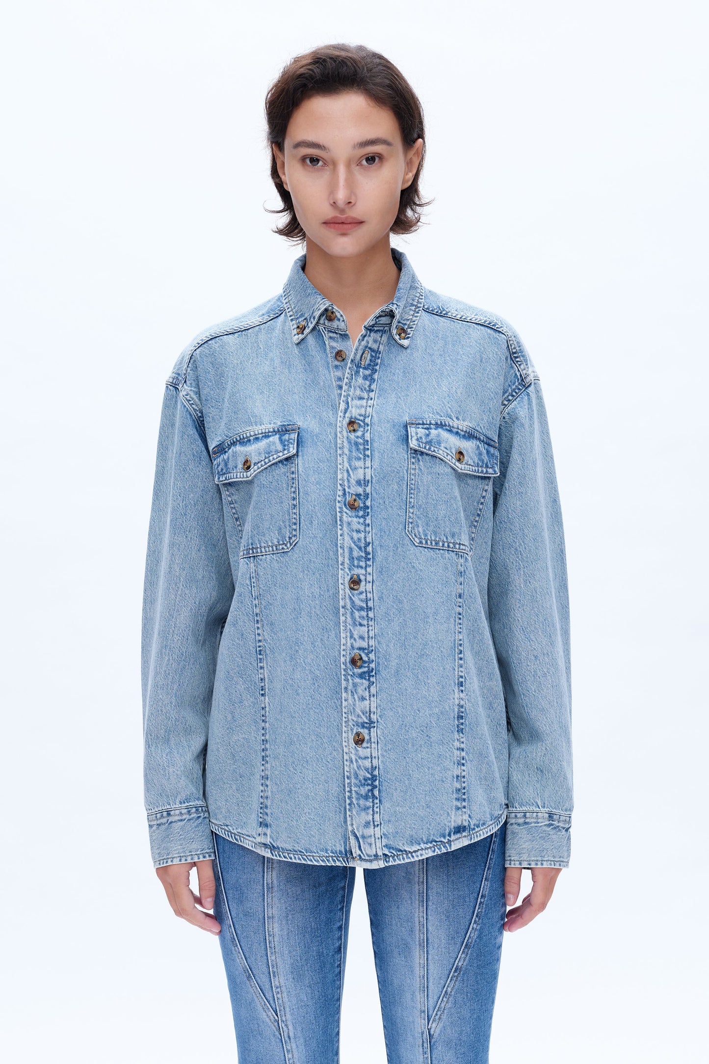 Bayeas Classic Long Sleeve Oversized Denim Button Down Shirt