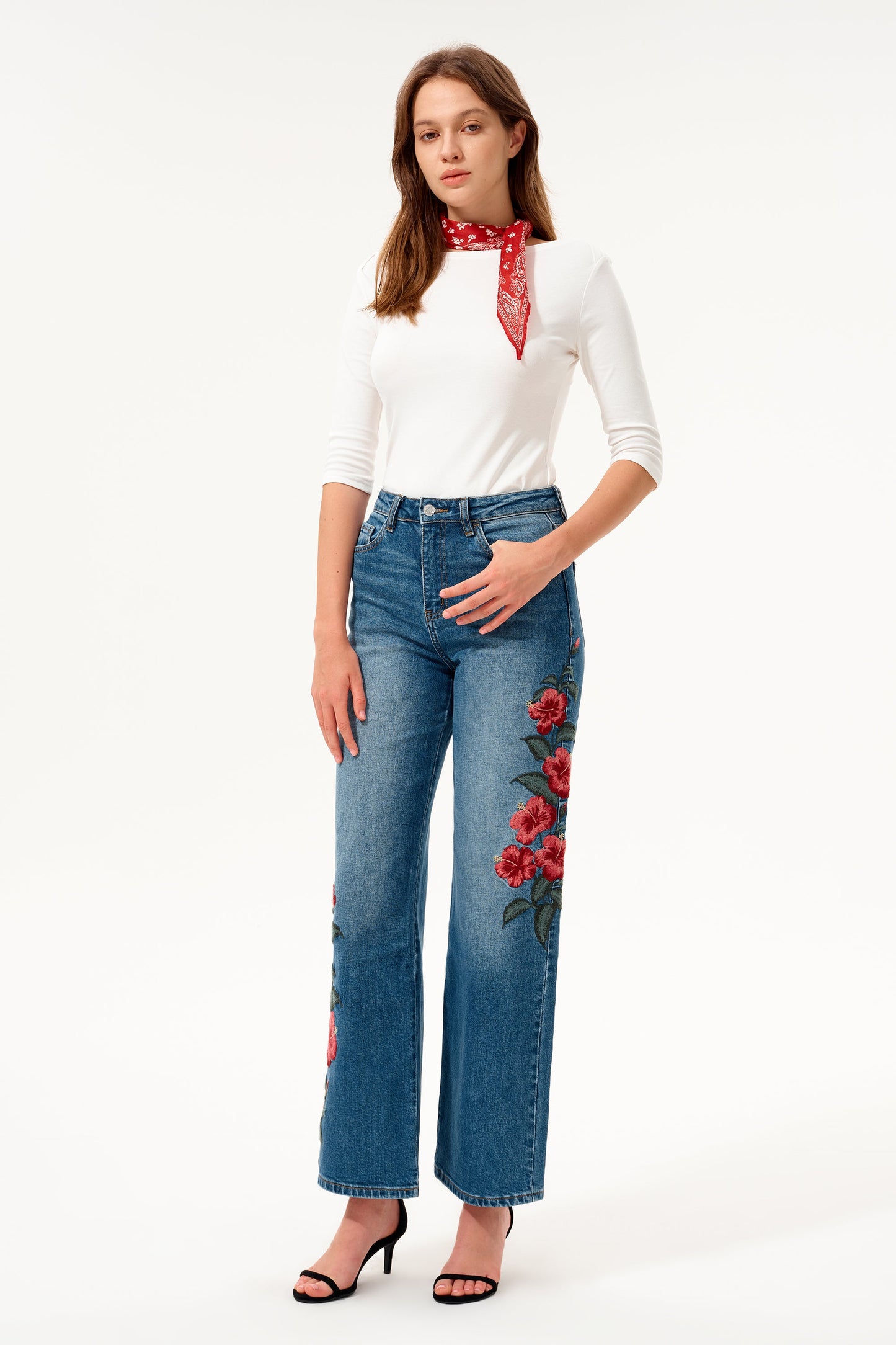 Bayeas Paris Embroidered High Rise Straight Leg Jeans