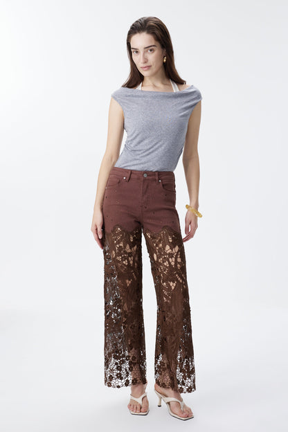Bayeas Crystal Embellished Chocolate Lace Jeans