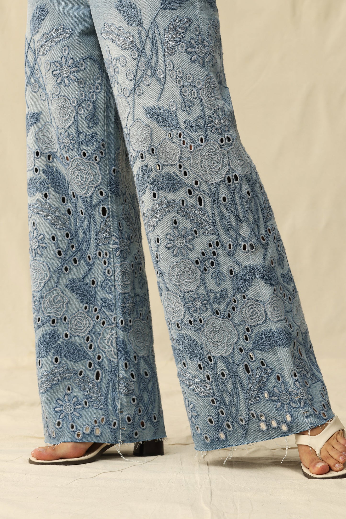 Bayeas Medium Blue High Rise Eyelet and Embroidery Wide Leg Jeans