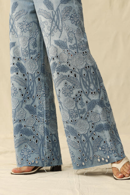 Bayeas Medium Blue High Rise Eyelet and Embroidery Wide Leg Jeans
