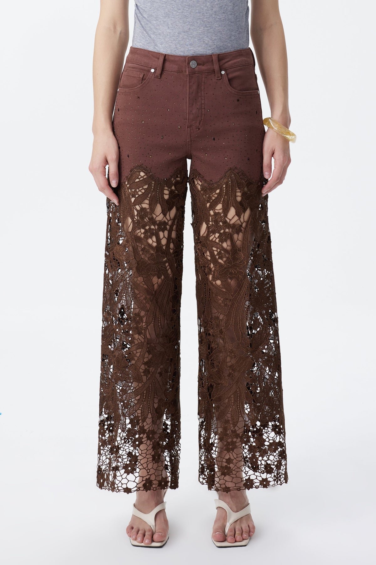 Bayeas Crystal Embellished Chocolate Lace Jeans