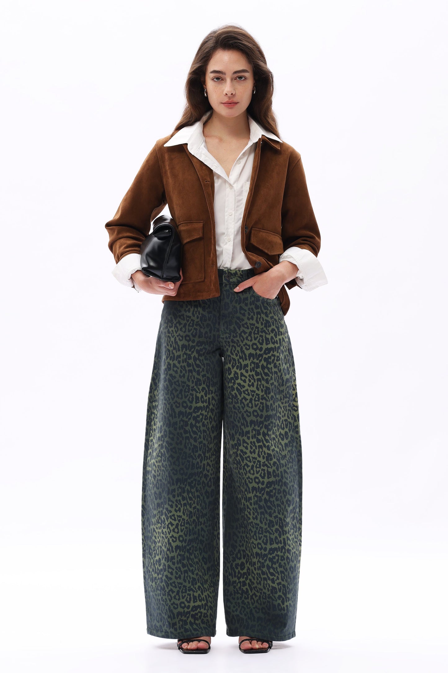 Bayeas High Rise Green Leopard Print Barrel Leg Jeans