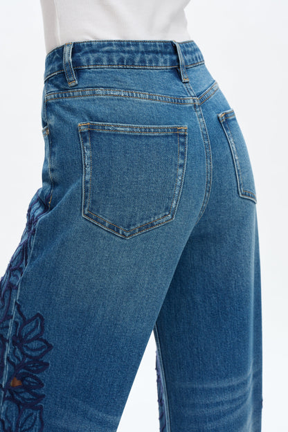 BAYEAS HIGH RISE EMBROIDERED CUTOUT FLOWERS WIDE LEG JEANS