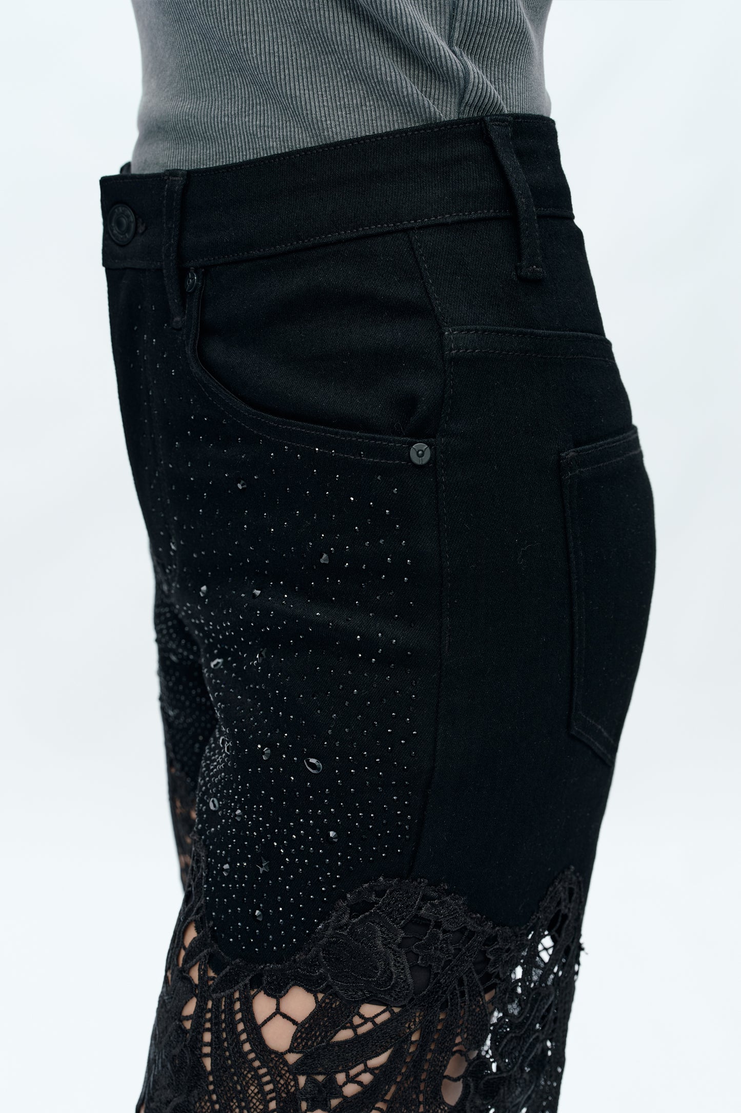 Bayeas Crystal Embellished Black Lace Jeans