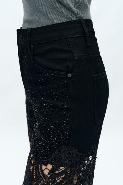 Bayeas Crystal Embellished Black Lace Jeans