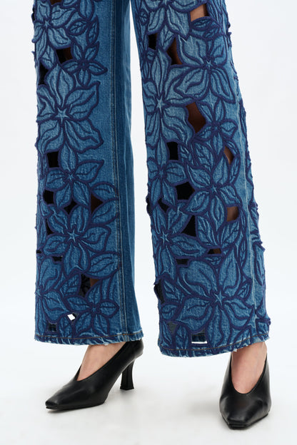 BAYEAS HIGH RISE EMBROIDERED CUTOUT FLOWERS WIDE LEG JEANS