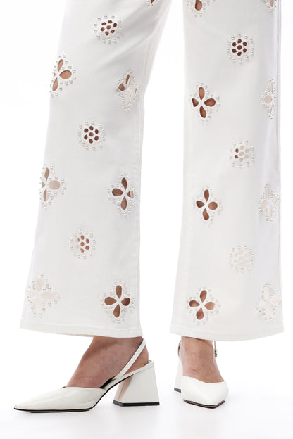 Bayeas Eyelet and Pearl Embellished High Rise Straight Jeans