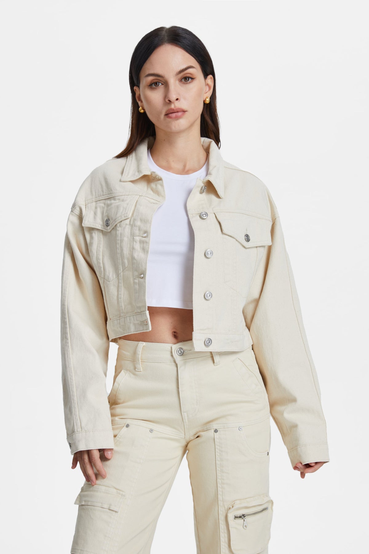 Bayeas Cropped Natural Cream Long Sleeve Denim Jacket