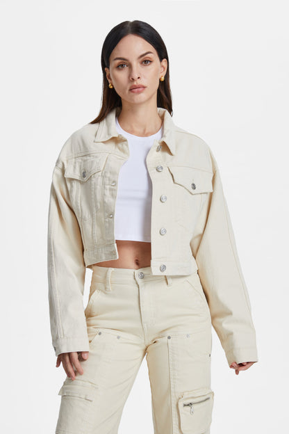 Bayeas Cropped Natural Cream Long Sleeve Denim Jacket
