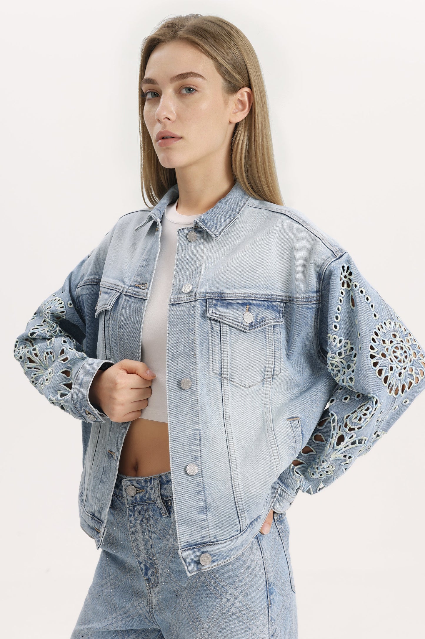 Bayeas Gaia Ombre Wash Eyelet Detail Long Sleeve Denim Jacket