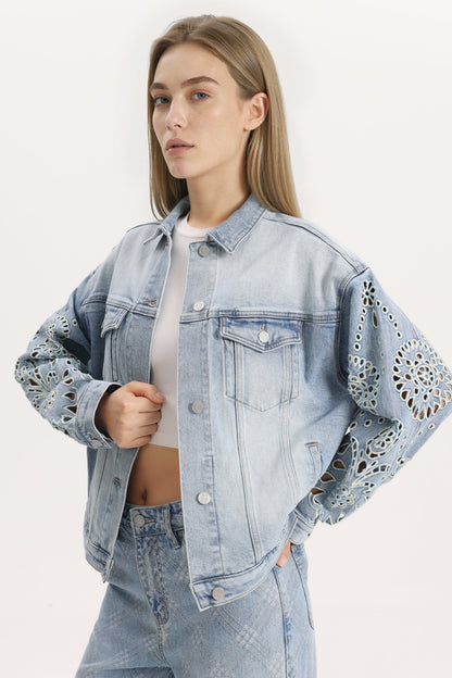Bayeas Gaia Ombre Wash Eyelet Detail Long Sleeve Denim Jacket