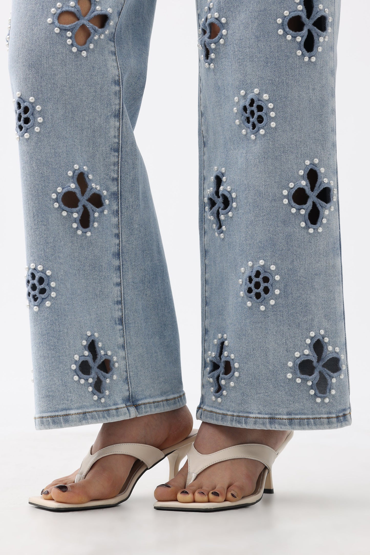 Bayeas Eyelet and Pearl Embellished High Rise Straight Jeans