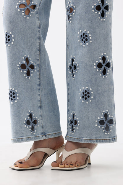 Bayeas Eyelet and Pearl Embellished High Rise Straight Jeans