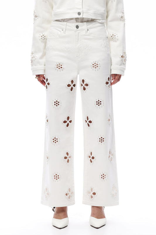 Bayeas Eyelet and Pearl Embellished High Rise Straight Jeans
