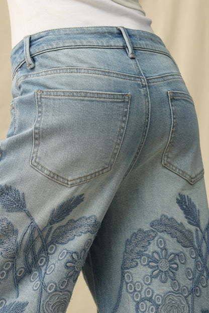 Bayeas Medium Blue High Rise Eyelet and Embroidery Wide Leg Jeans