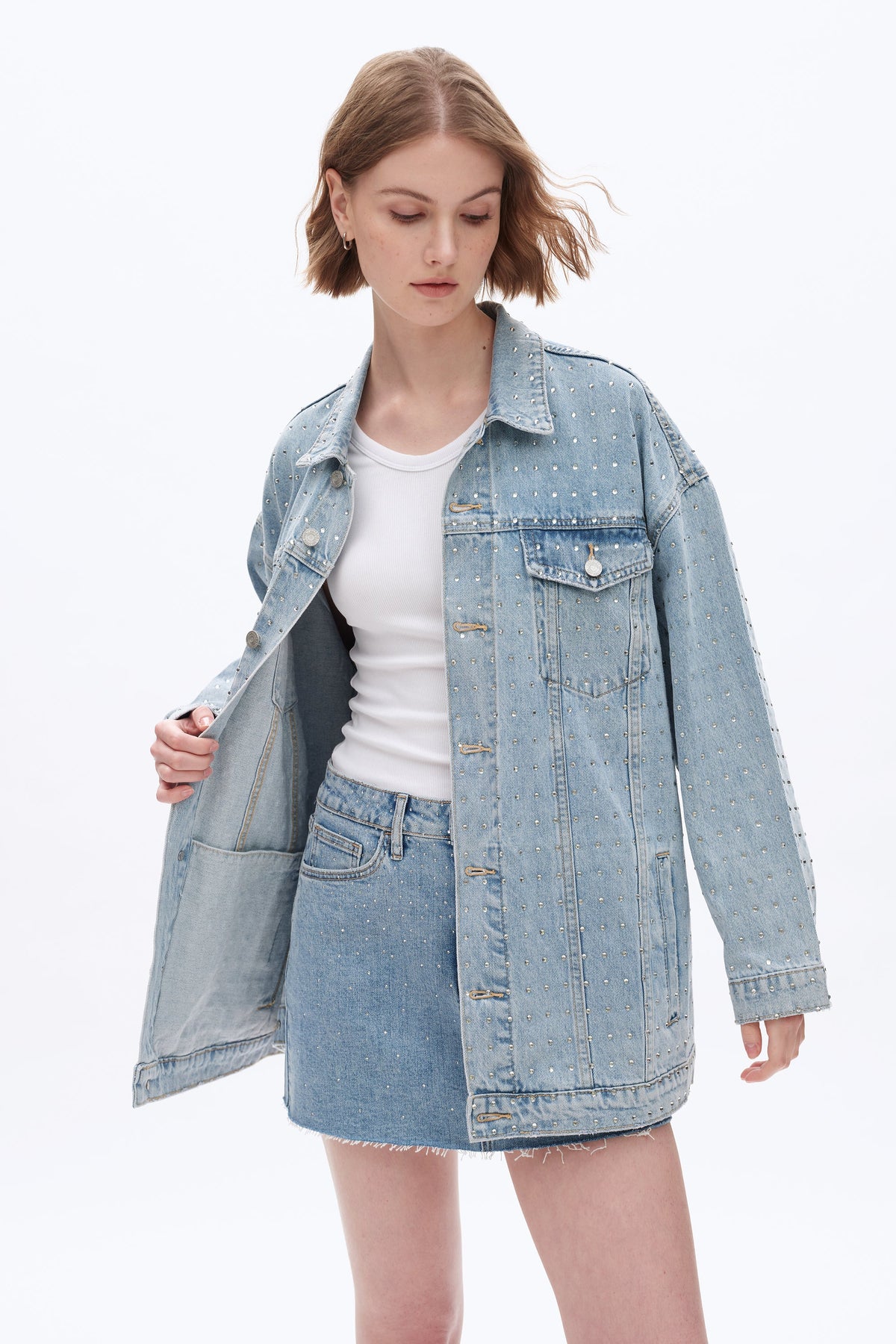 Bayeas Light Wash Embellished Long Sleeve Denim Jacket