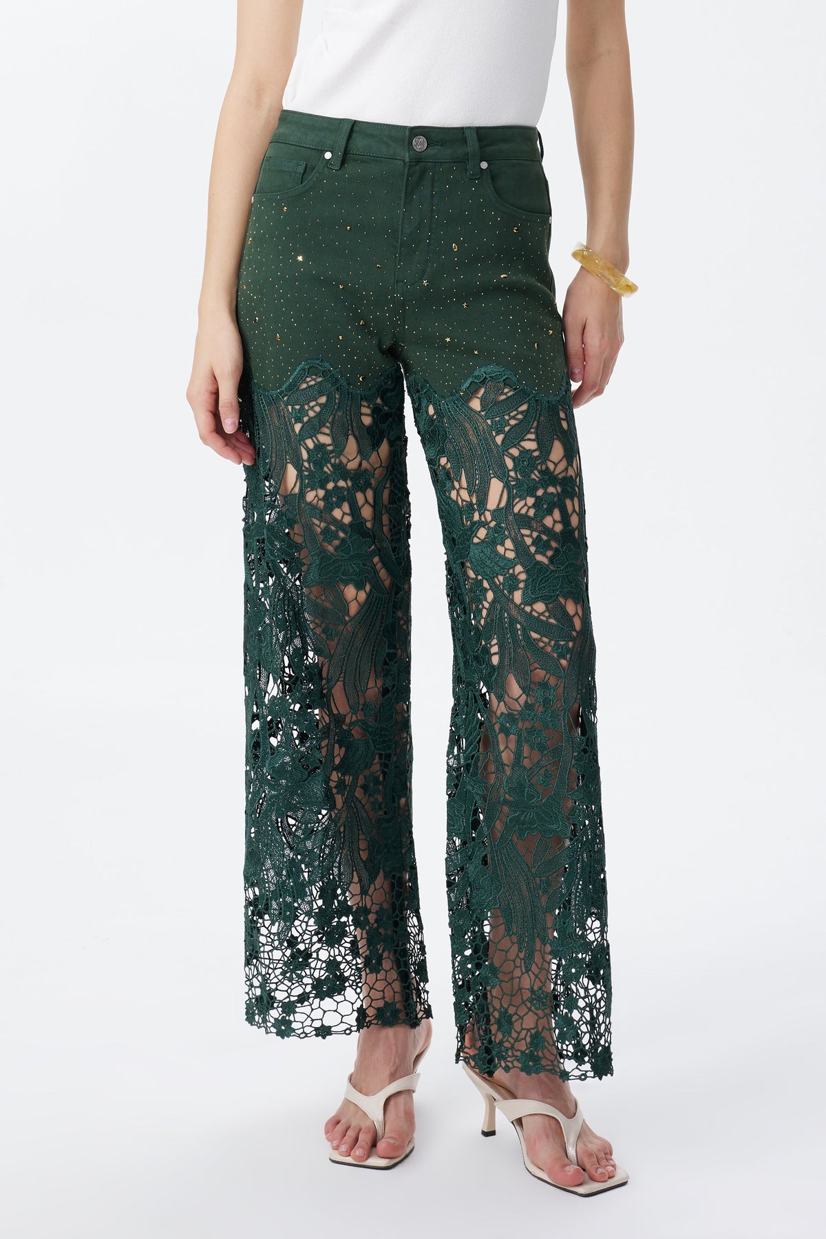 BAYEAS EVERGREEN HIGH RISE CRYSTAL EMBELLISHED LACE SPLICED WIDE LEG JEANS