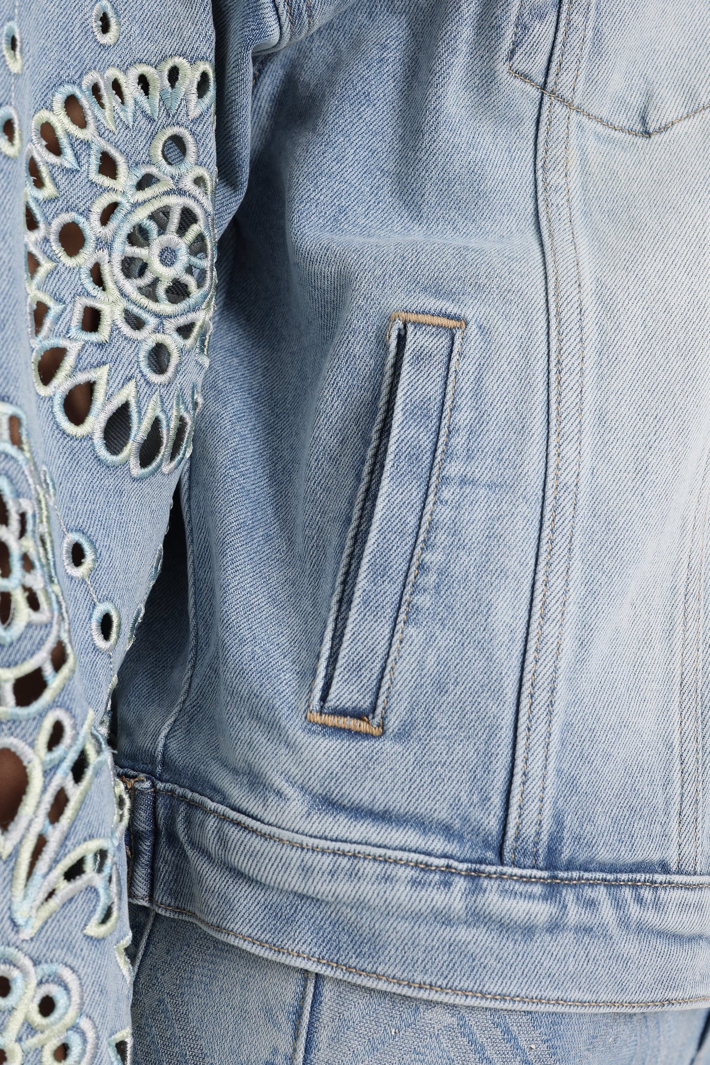 Bayeas Gaia Ombre Wash Eyelet Detail Long Sleeve Denim Jacket