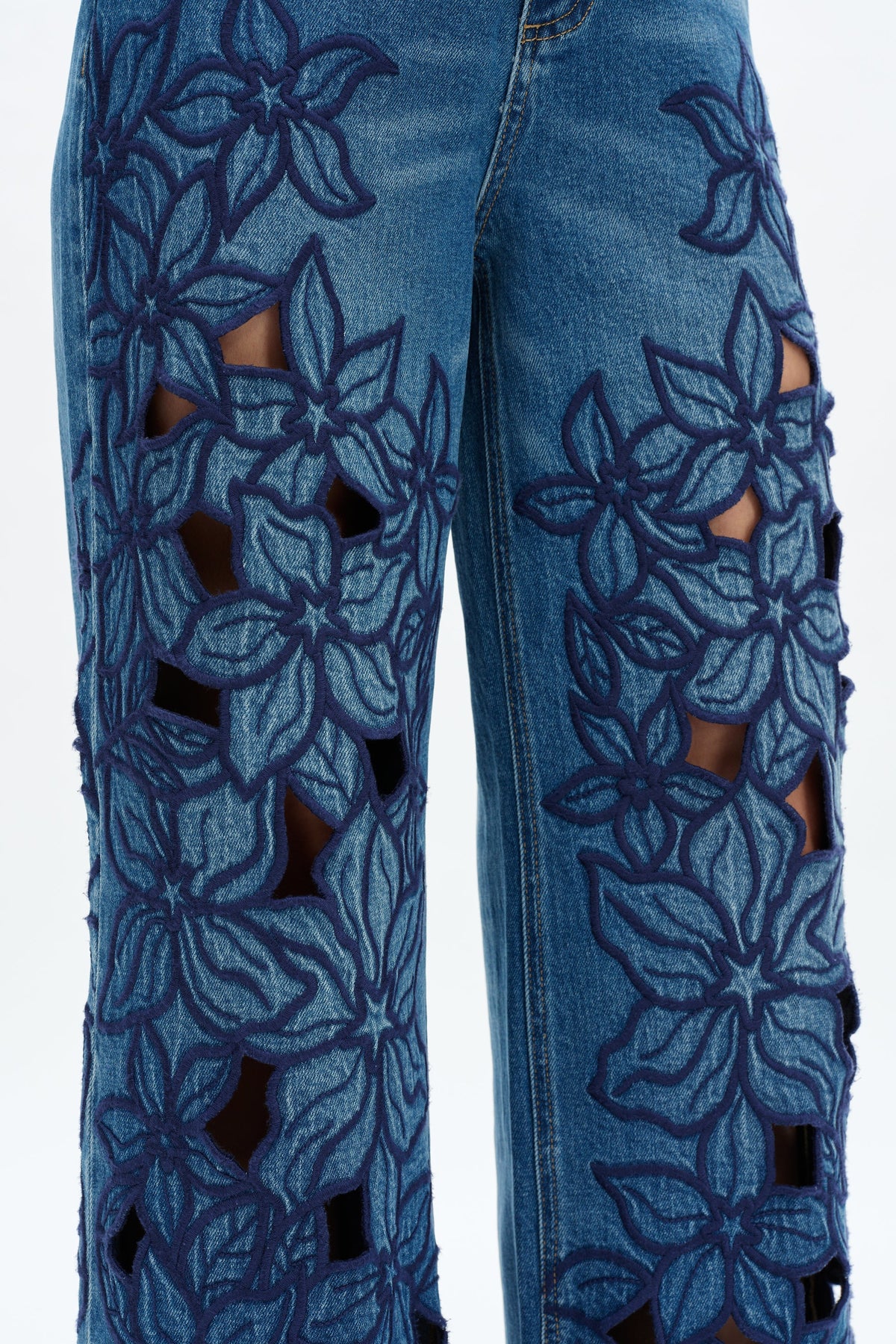 BAYEAS HIGH RISE EMBROIDERED CUTOUT FLOWERS WIDE LEG JEANS
