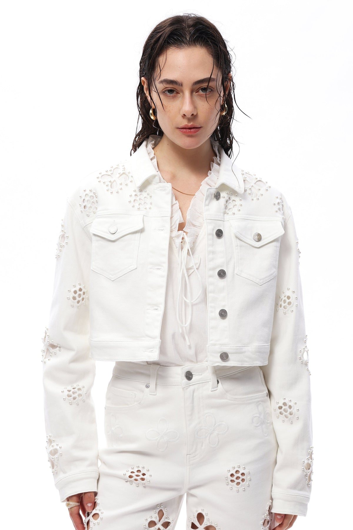 Bayeas Pear Eyelet Long Sleeve White Denim Jacket
