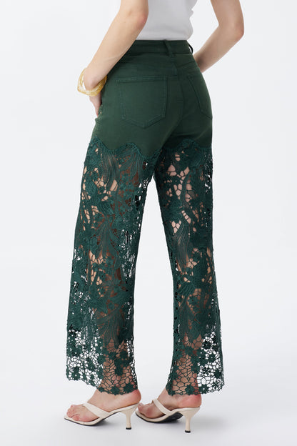 BAYEAS EVERGREEN HIGH RISE CRYSTAL EMBELLISHED LACE SPLICED WIDE LEG JEANS