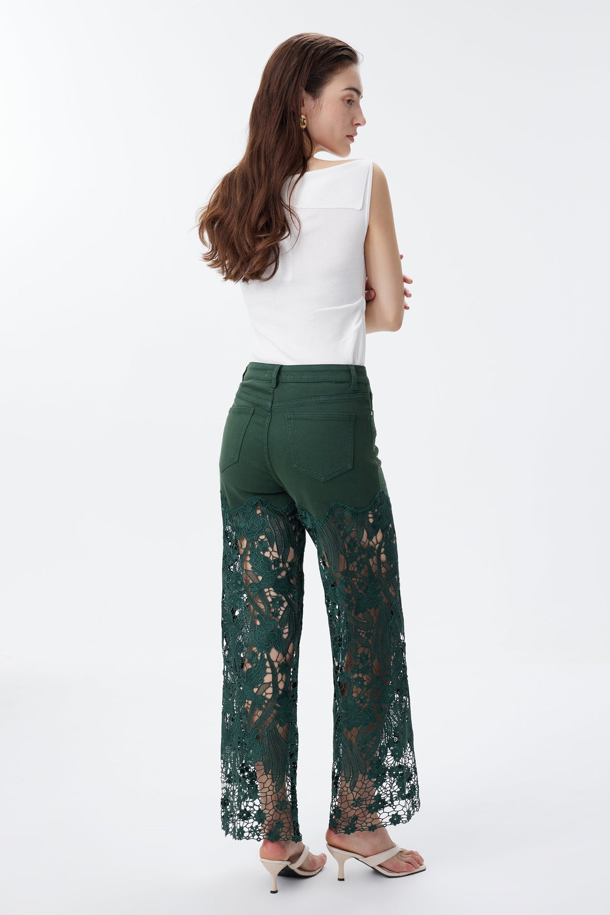 BAYEAS EVERGREEN HIGH RISE CRYSTAL EMBELLISHED LACE SPLICED WIDE LEG JEANS