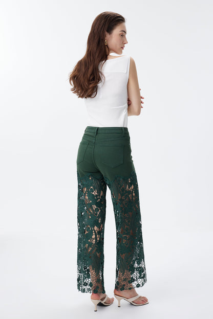 BAYEAS EVERGREEN HIGH RISE CRYSTAL EMBELLISHED LACE SPLICED WIDE LEG JEANS