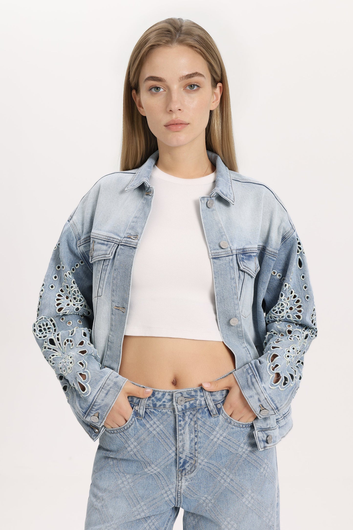 Bayeas Gaia Ombre Wash Eyelet Detail Long Sleeve Denim Jacket
