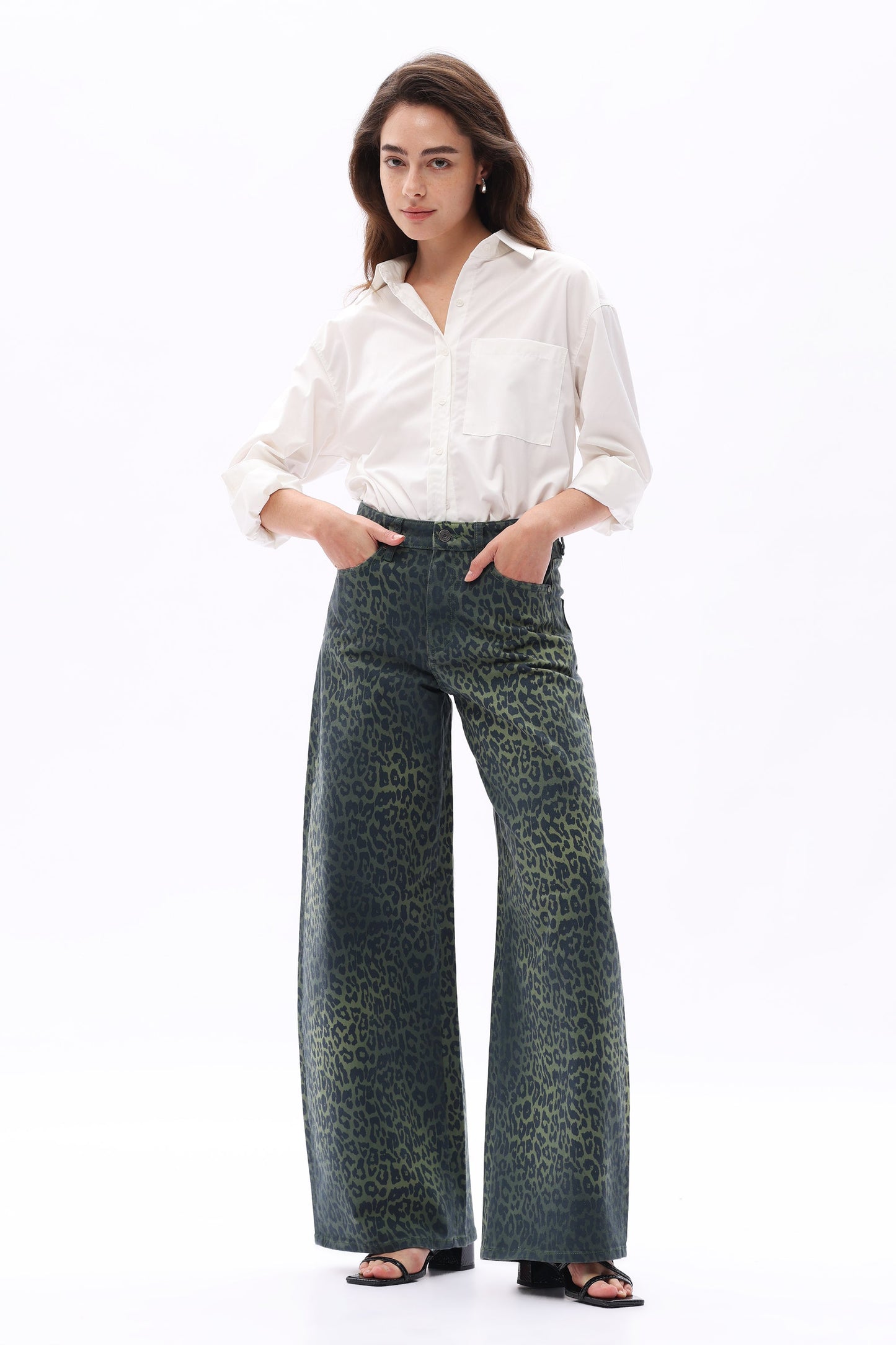 Bayeas High Rise Green Leopard Print Barrel Leg Jeans