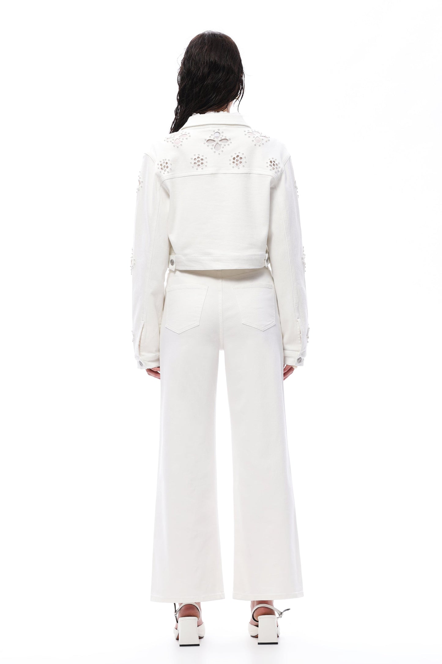 Bayeas Eyelet and Pearl Embellished High Rise Straight Jeans