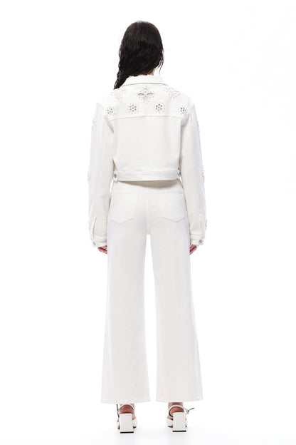 Bayeas Eyelet and Pearl Embellished High Rise Straight Jeans