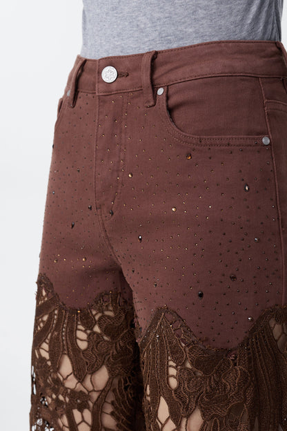 Bayeas Crystal Embellished Chocolate Lace Jeans