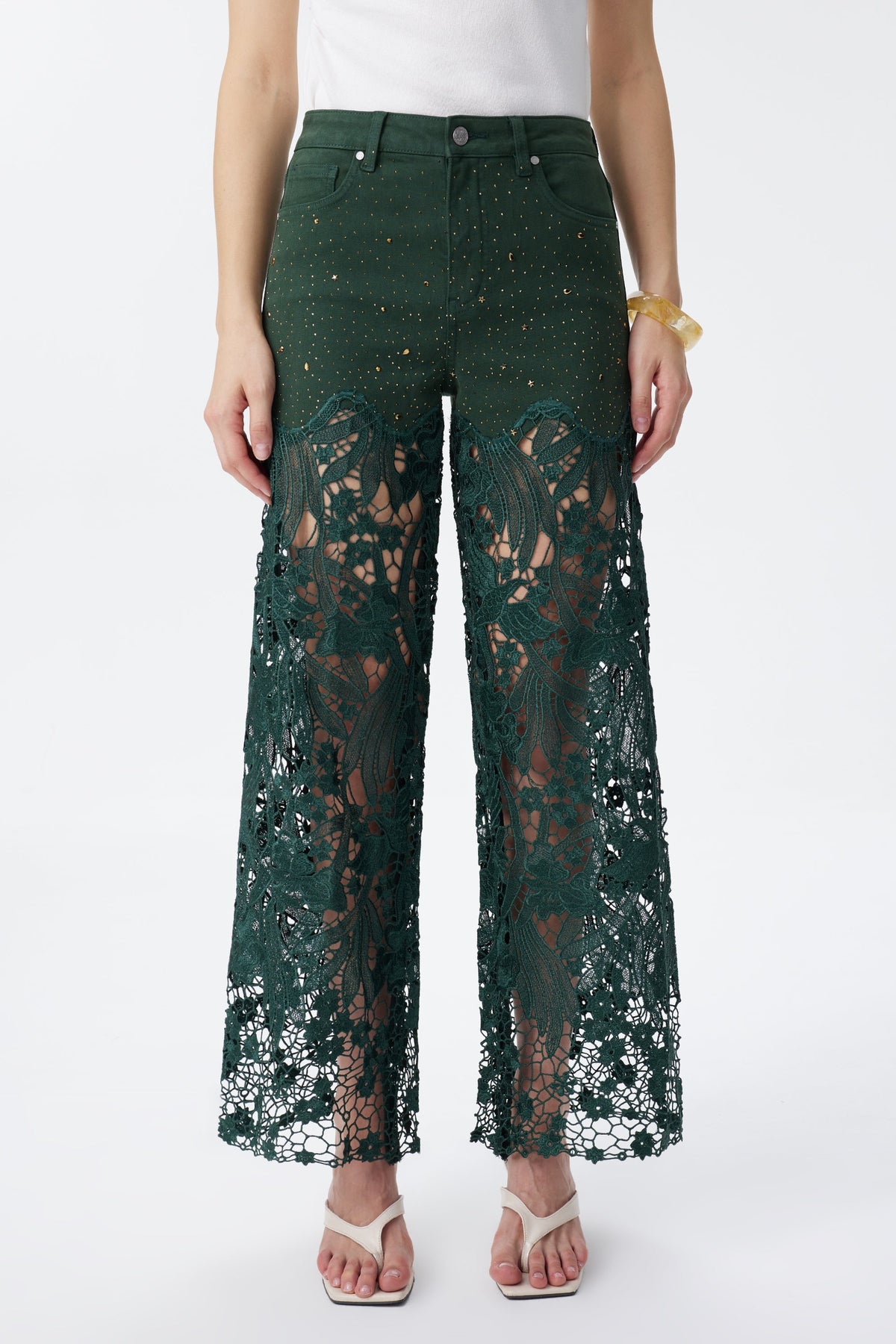 BAYEAS EVERGREEN HIGH RISE CRYSTAL EMBELLISHED LACE SPLICED WIDE LEG JEANS