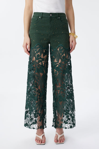 BAYEAS EVERGREEN HIGH RISE CRYSTAL EMBELLISHED LACE SPLICED WIDE LEG JEANS