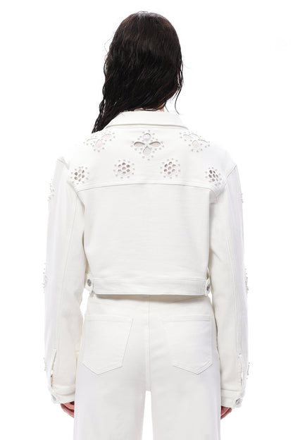 Bayeas Pear Eyelet Long Sleeve White Denim Jacket