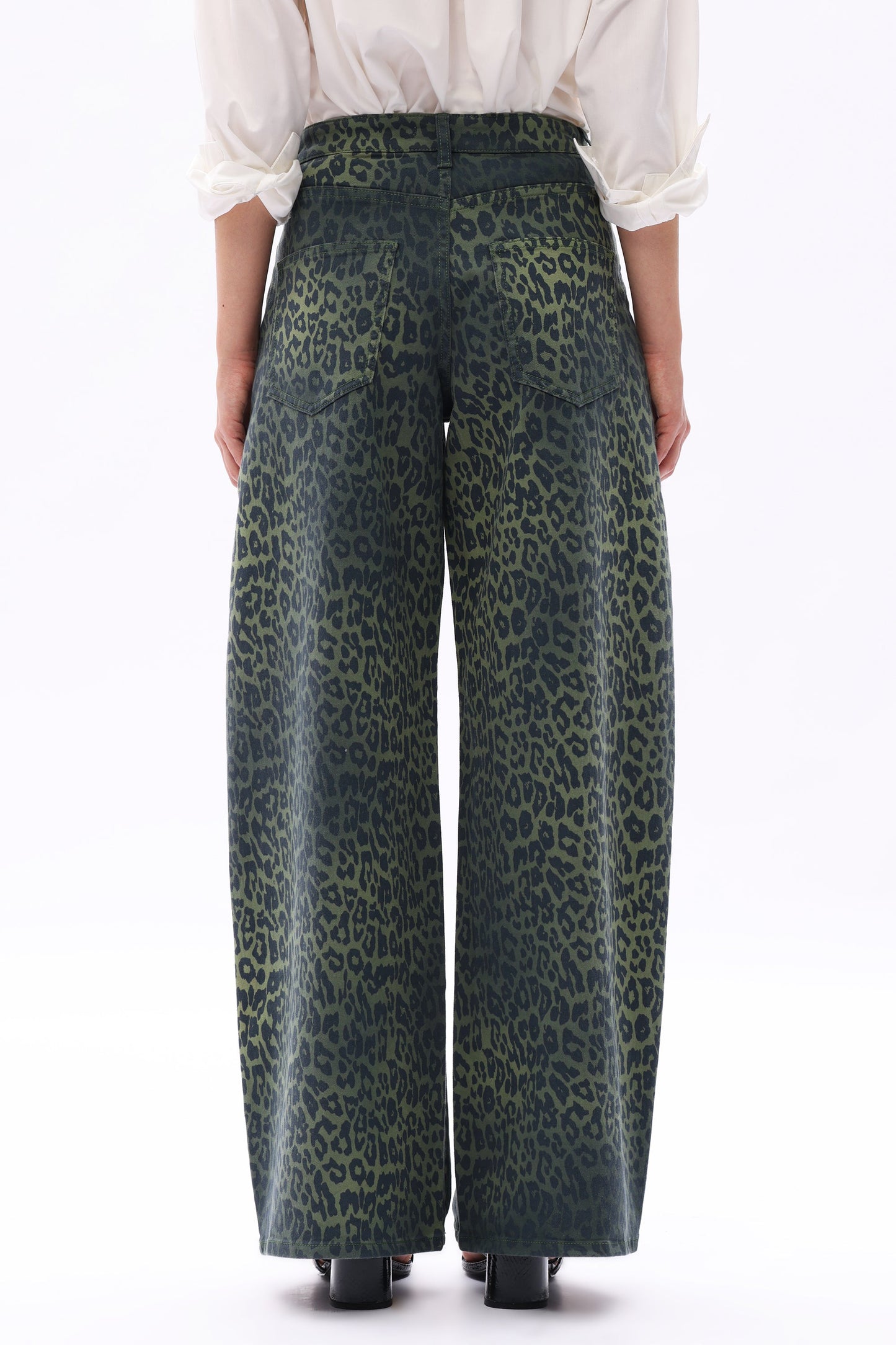 Bayeas High Rise Green Leopard Print Barrel Leg Jeans