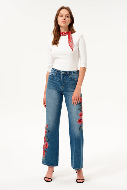 Bayeas Paris Embroidered High Rise Straight Leg Jeans