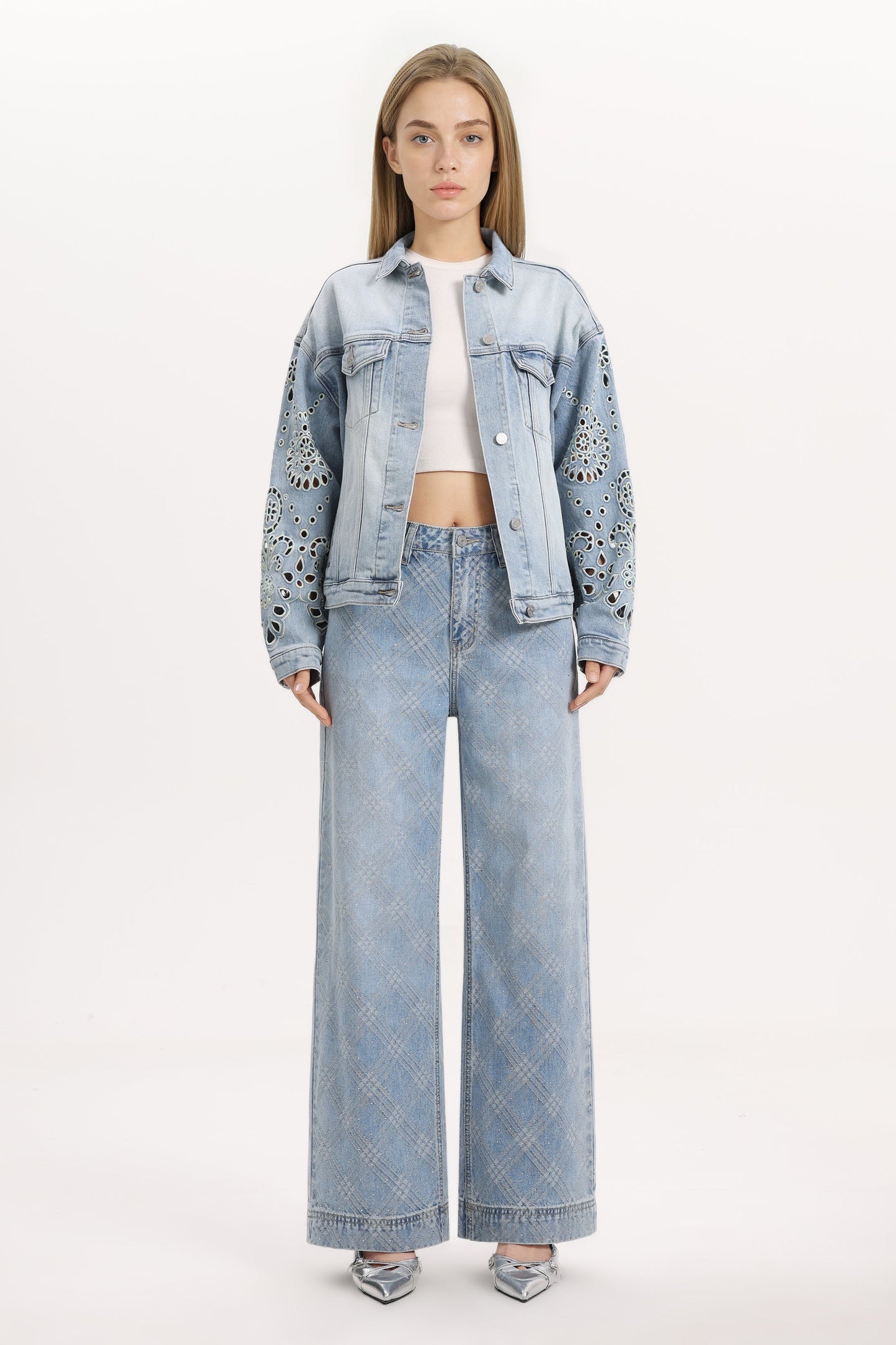Bayeas Gaia Ombre Wash Eyelet Detail Long Sleeve Denim Jacket