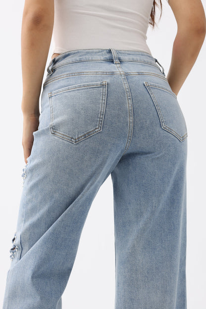 Bayeas Eyelet and Pearl Embellished High Rise Straight Jeans