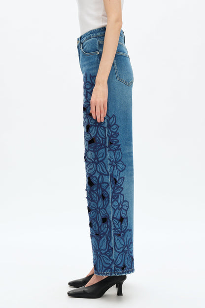 BAYEAS HIGH RISE EMBROIDERED CUTOUT FLOWERS WIDE LEG JEANS