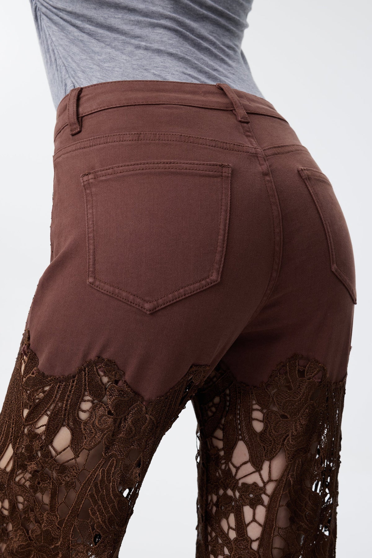 Bayeas Crystal Embellished Chocolate Lace Jeans