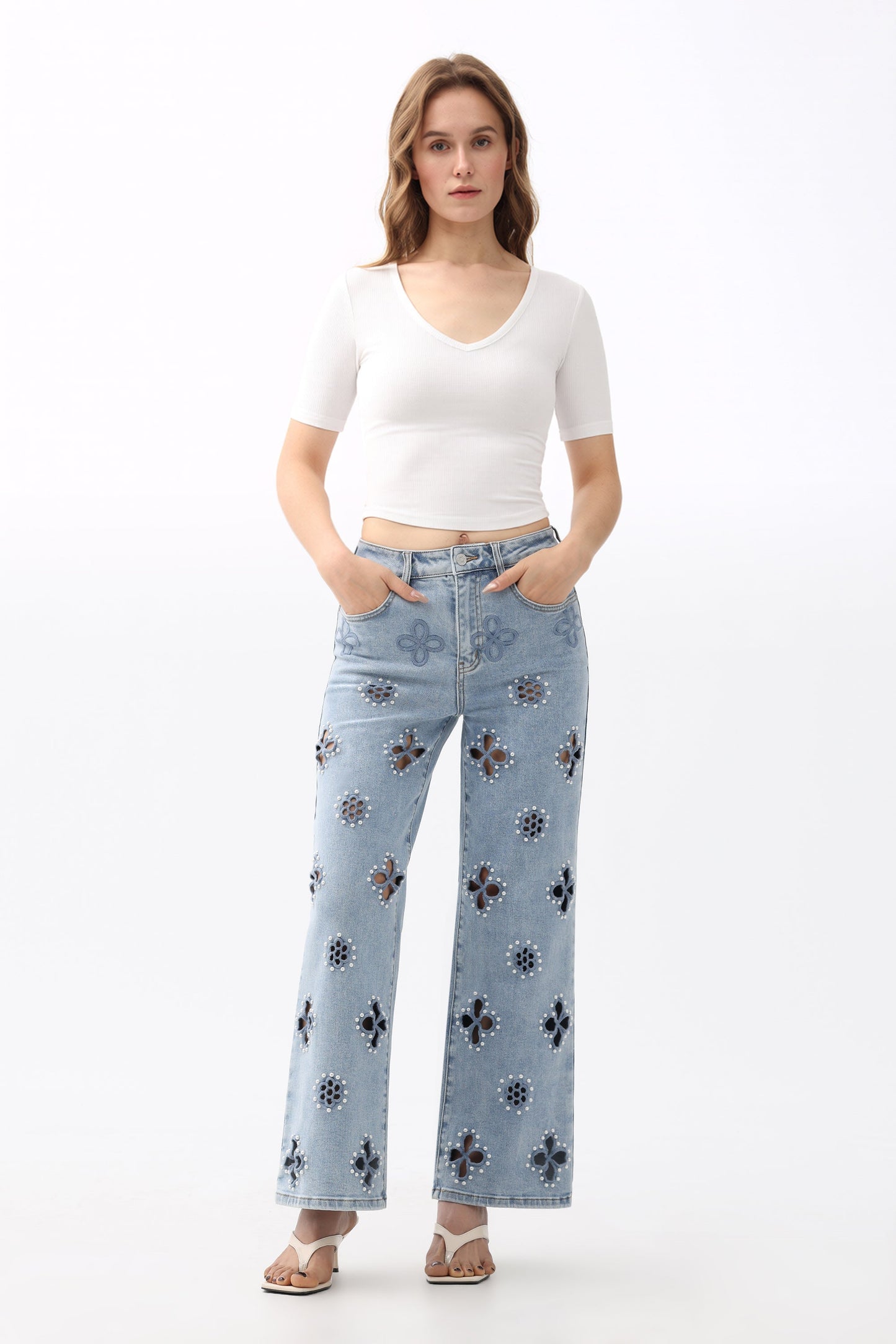 Bayeas Eyelet and Pearl Embellished High Rise Straight Jeans