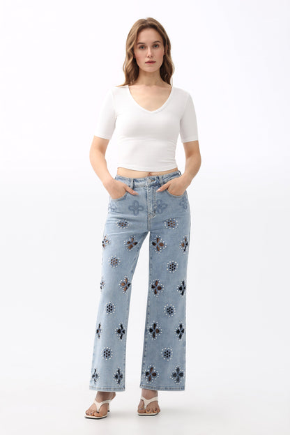 Bayeas Eyelet and Pearl Embellished High Rise Straight Jeans