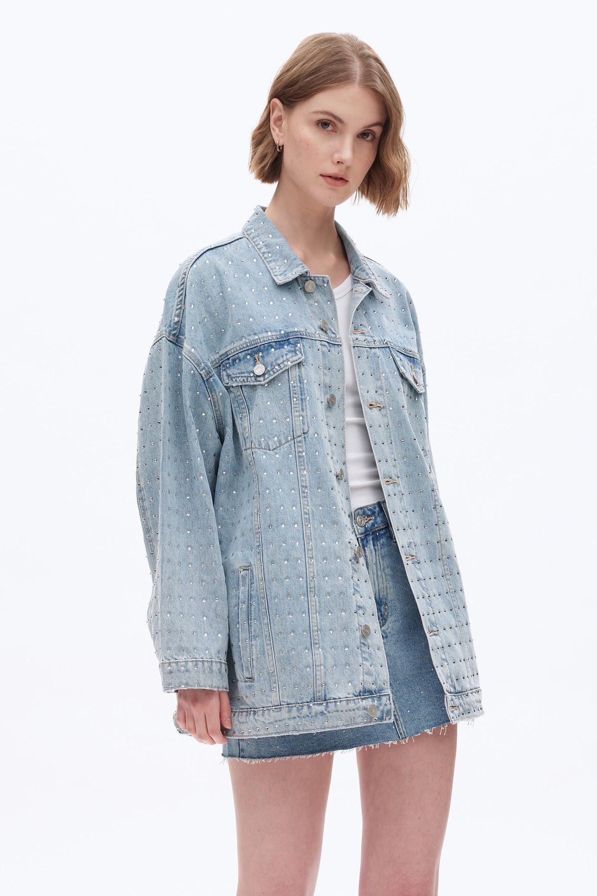 Bayeas Light Wash Embellished Long Sleeve Denim Jacket