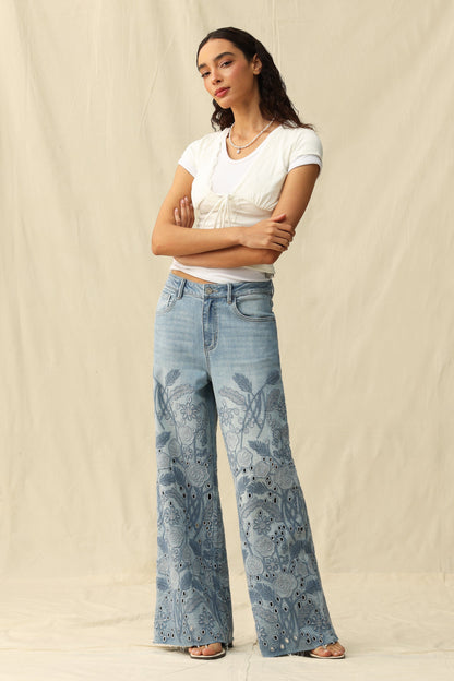Bayeas Medium Blue High Rise Eyelet and Embroidery Wide Leg Jeans