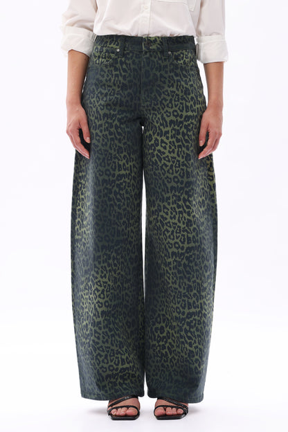 Bayeas High Rise Green Leopard Print Barrel Leg Jeans