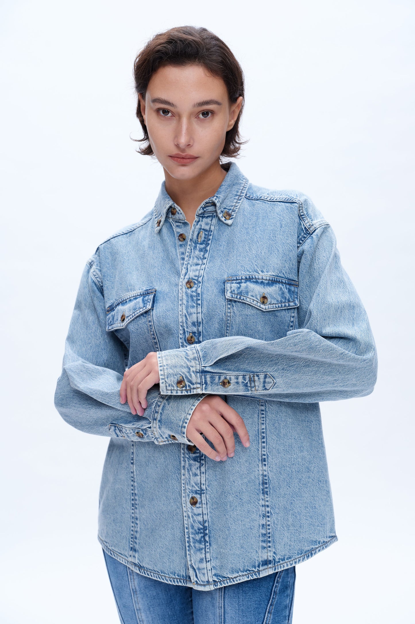 Bayeas Classic Long Sleeve Oversized Denim Button Down Shirt