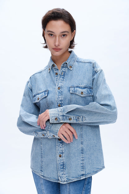 Bayeas Classic Long Sleeve Oversized Denim Button Down Shirt