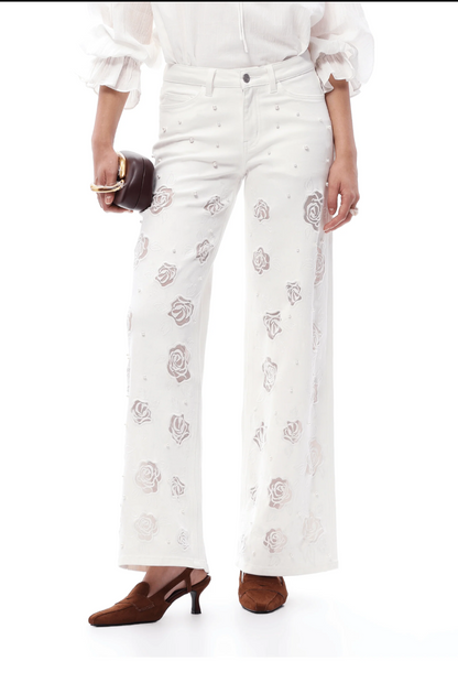 Bayeas Rose Cutout Mid Rise Wide Leg Jeans